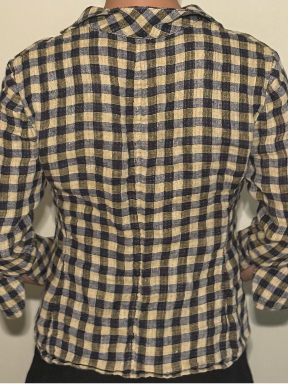 Navy blue and yellow checkered gingham 100% linen blazer blouse top